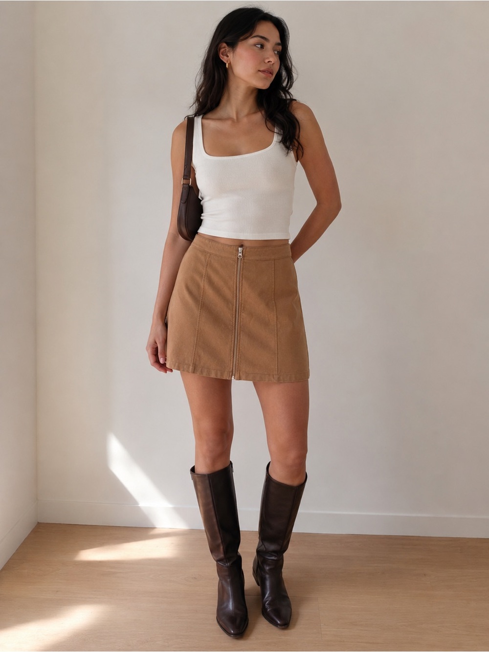Wilfred Tan Front-Zip Mini Skirt